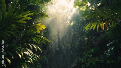 Lush rainforest bathed in sunlight during a gentle rain shower in the early m...