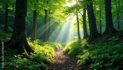 dappled light filters through trees on a forest mountain trail, leafy undergrowth, trail, dappled light