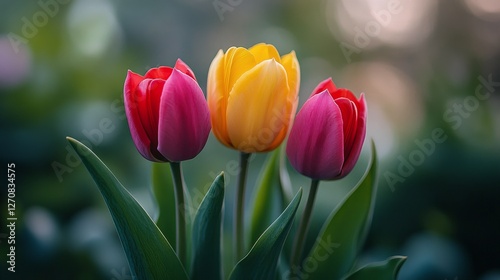 Colorful tulips bloom in a garden setting during springtime in soft evening l...