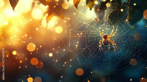 Spider spinning web in a lush tropical rainforest with raindrops and vibrant ...