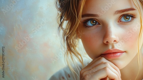 Young girl with captivating eyes reflecting serenity and curiosity during a q...