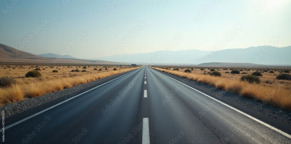 Naklejka premium Empty asphalt road stretches into the distance, grey, emptiness, solitude