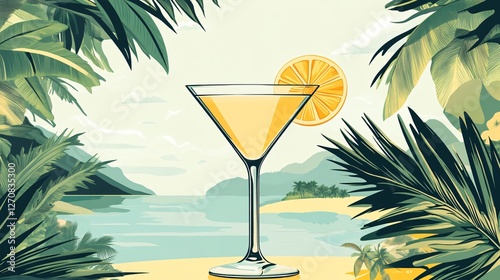 Tropical Martini Cocktail in Glass with Landscape Illustration