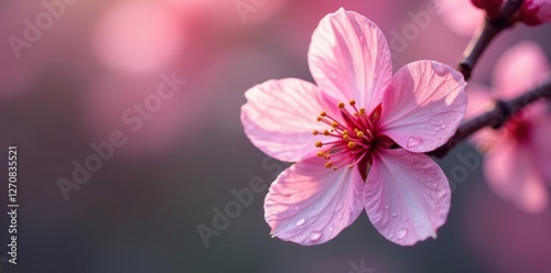 Pink cherry blossoms with dew drops on the petals, dew drops, petals