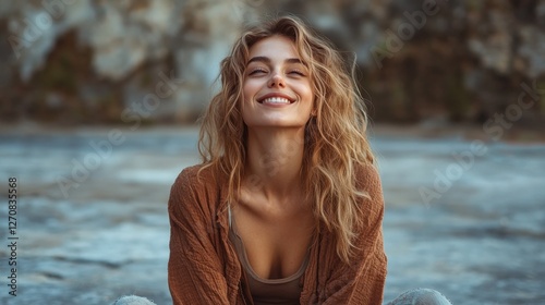 Smiling young woman with long hair sitting against a gray wall outdoors in ca...