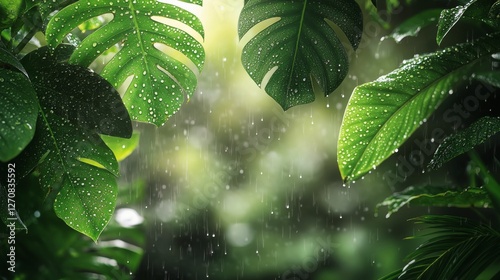 Rainfall on lush green leaves in a tranquil forest setting