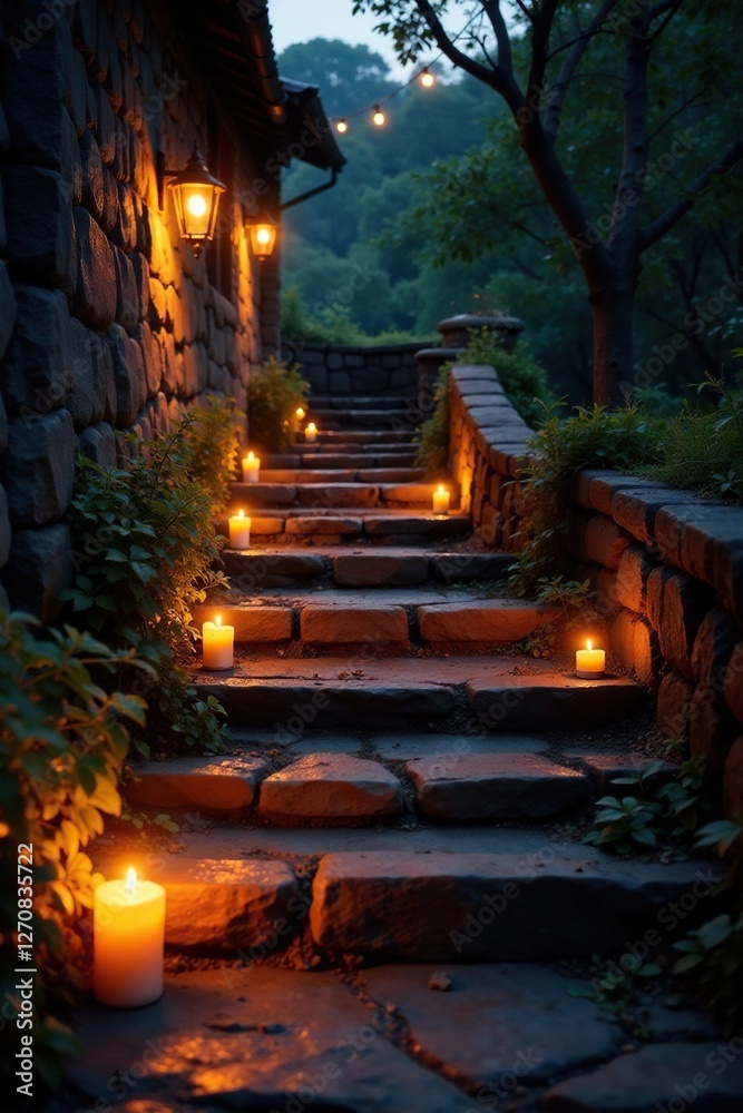 Obraz premium Soft candlelight dances on stone steps at dusk, warm light, candles