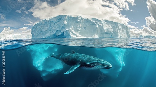 Humpback whale swimming near towering iceberg in pristine Arctic waters under...
