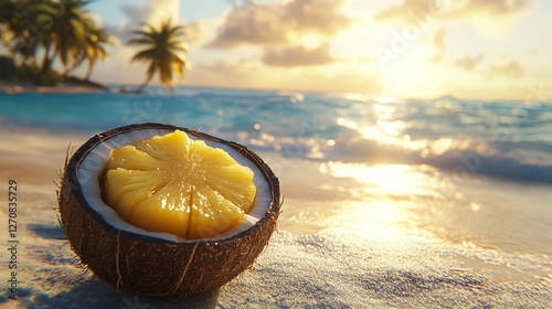 Refreshing coconut drink with pineapple on sandy beach at sunset