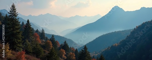 Hazy forest near the base of Elbrus mountains, hazy, trees photo