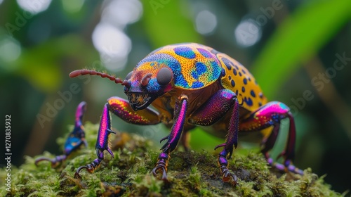Colorful insect on lush moss with a shimmering background in a vibrant forest...