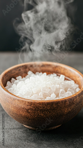 bowl of melting menthol crystals releasing steam in hot water