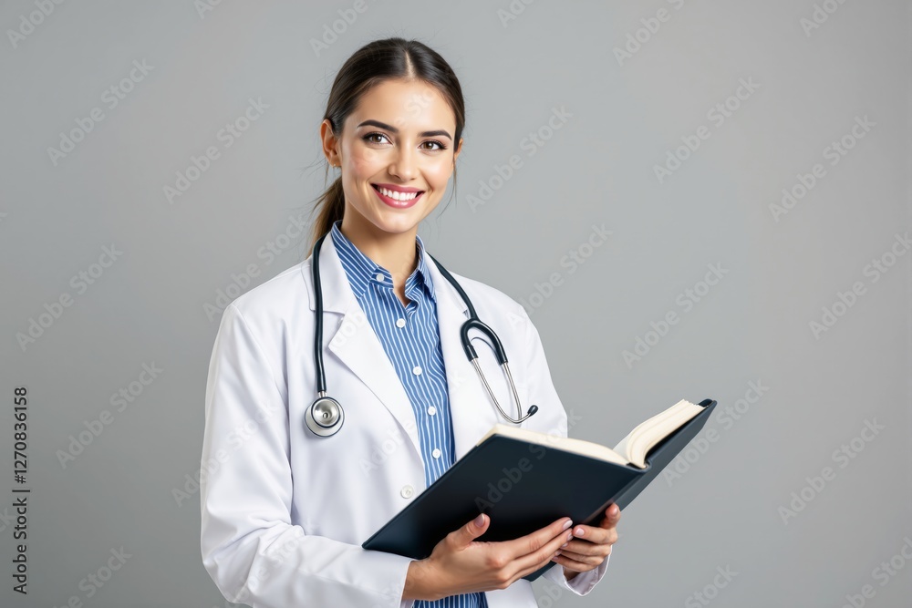 Female doctor smiling while holding an open book, wearing a stethoscope, against a plain light gray background. Professional medical concept. Female doctor smiling while holding an open book, wearing a stethoscope, against a plain light gray background. Professional medical concept.