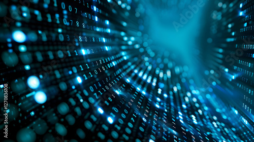 Abstract digital data stream with glowing binary code flowing in a futuristic environment