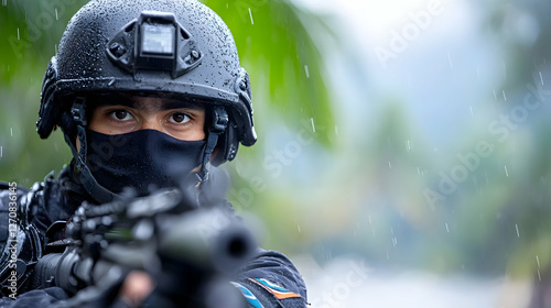 Focused Navy Sailor With Machine Gun In Rain photo