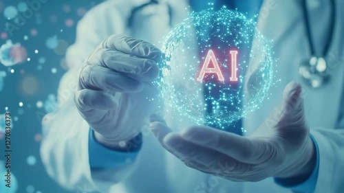 a doctor holding a hologram with virus molecule made with AI, in a blue color theme and light background