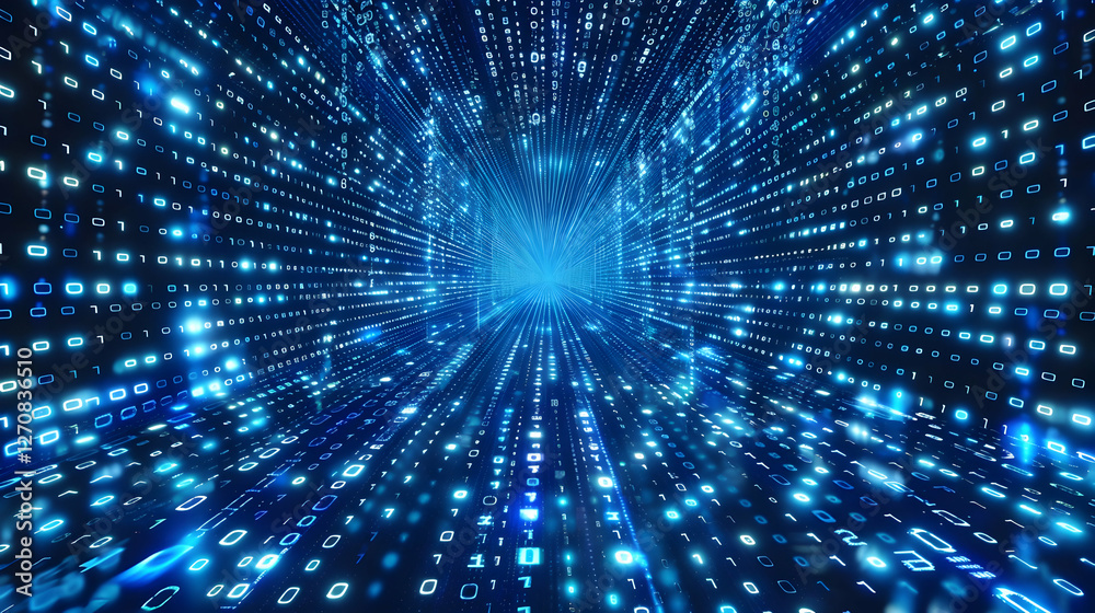 Abstract representation of digital data flow in a futuristic blue tunnel with glowing binary code Abstract representation of digital data flow in a futuristic blue tunnel with glowing binary code