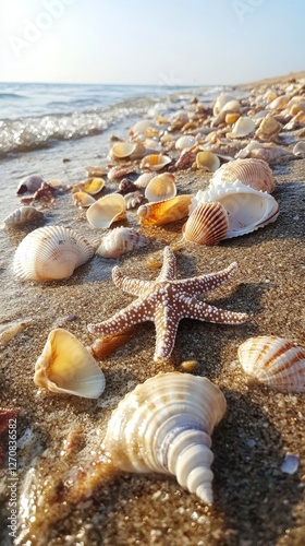 Seashells and starfish on a sandy beach with gentle waves at sunset