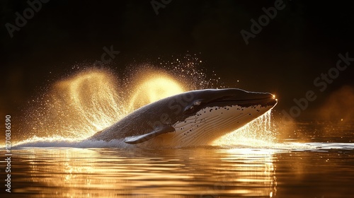 Humpback whale breaches the ocean at sunset creating a stunning spray of wate...