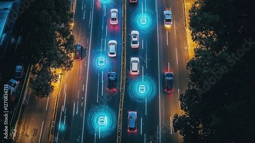 Urban Street at Night with Digital Car Connectivity and Technology