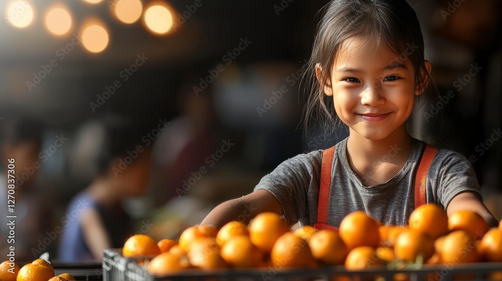 Fototapeta premium Cheerful Young Girl Displaying Fresh Oranges in a Market Setting, Capturing Joy and Vibrancy of Childhood