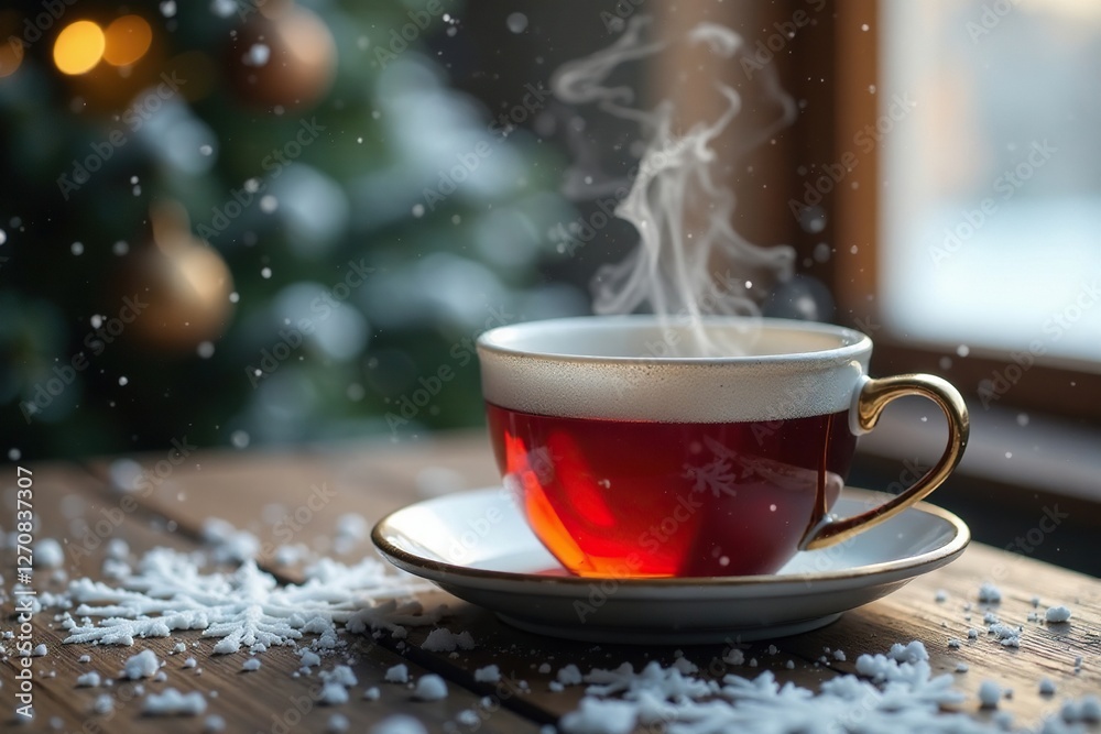 Fototapeta premium Softly falling snowflakes around a steaming cup of tea on a wooden table, teapot, table, snowflakes