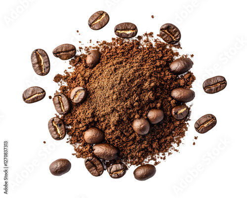 Wallpaper Mural Overhead close-up of dark brown coffee grounds surrounded by roasted coffee beans on a transparent background Torontodigital.ca