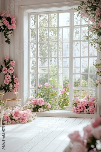Beautiful interior with pink roses and bright natural light flooding the room