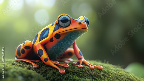 Brightly colored frog perched on moss in a vibrant rainforest setting during ...