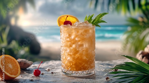 Refreshing tropical cocktail with fruit garnishes on a beach setting at sunset