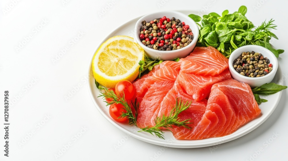 Fresh Salmon Fillet with Lemon Slices and Colorful Pepper Mixture on White Plate Arrangement Fresh Salmon Fillet with Lemon Slices and Colorful Pepper Mixture on White Plate Arrangement