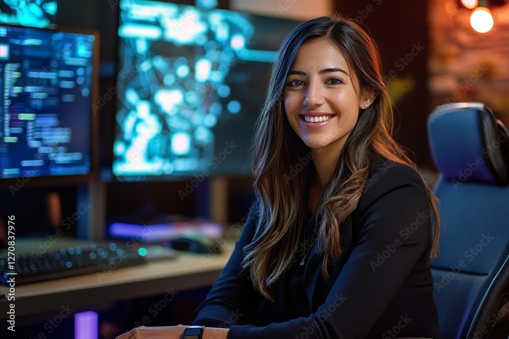 Fototapeta premium Portrait of a young Hispanic professional business woman in a high-tech workspace with innovative design – Confident digital leader using modern gadgets