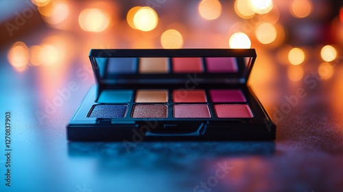 Colorful palette with shimmering shades for creative makeup applications in v...