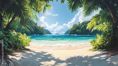 Serene tropical bay with lush greenery and distant mountains under a bright sky
