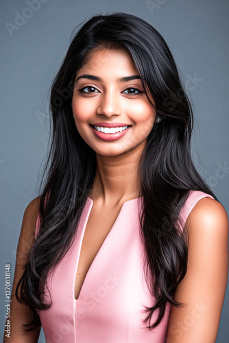 Portrait of an Indian Woman in a Pink Dress, Featuring Long Black Hair Styled in Loose Waves photo