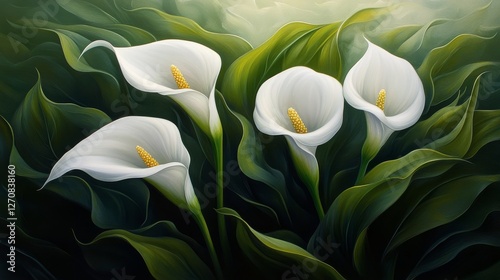 Calla lilies blooming in a lush garden with sunlight filtering through trees