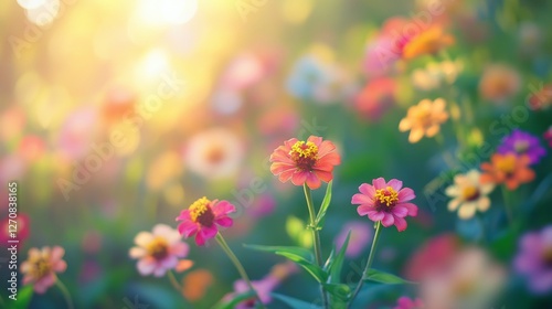 Colorful blooming flowers bathe in sunlight during a serene spring afternoon