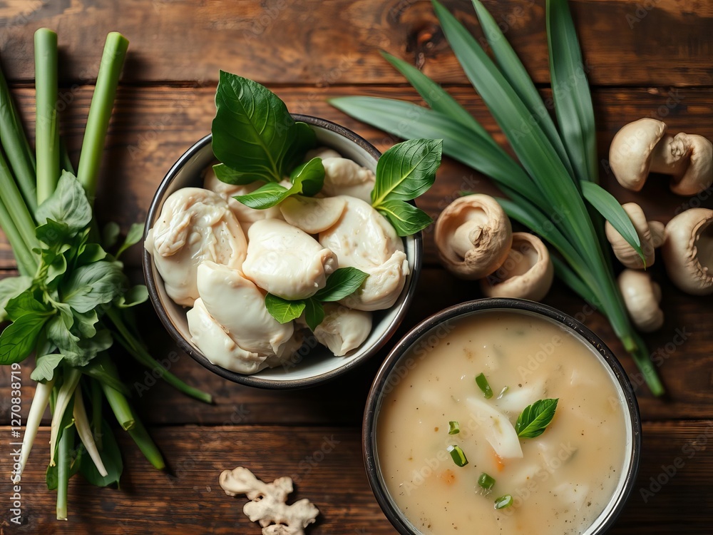 Tom kha gai soup in white bowl with lemongrass, ginger, coconut milk, chicken, mushrooms on rustic wooden table, fresh ingredients, chicken, mushrooms Tom kha gai soup in white bowl with lemongrass, ginger, coconut milk, chicken, mushrooms on rustic wooden table, fresh ingredients, chicken, mushrooms
