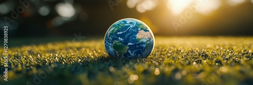 Earth globe resting on green grass under a warm sunset in a serene outdoor se...
