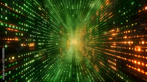 Futuristic digital tunnel with glowing binary data streams and vibrant green and orange lights