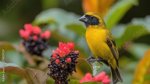 Bright yellow bird with a black face perched on vibrant orange flowers in sun...