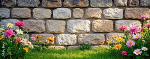 Weathered stone wall with blooming wildflowers, wildflower, greenery photo