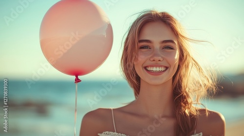 Bright smile and colorful balloon in vibrant street setting during daylight