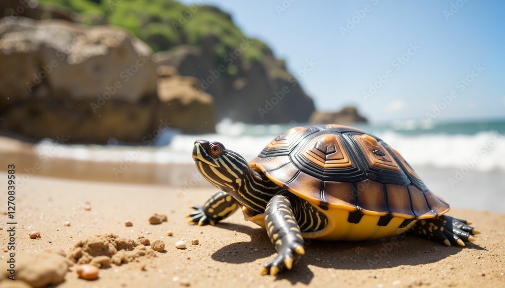Obraz premium Turtle basking under sunlight on sandy beach, nature's beauty