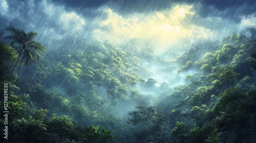 Rain falls gently in a serene forest setting with sunlight breaking through t...