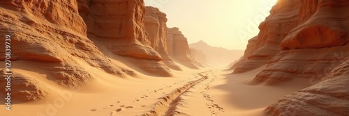 Sandstorm swirls around ancient stone formations, weathered, sedimentary