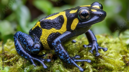 Brightly colored frog perched on moss in a vibrant rainforest setting during ...