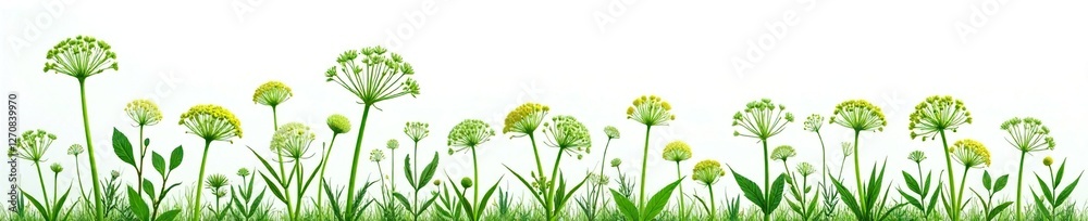 Fototapeta premium White background with dill weed in umbel formation, nature, garden, white