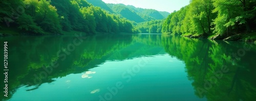 Emerald water reflections on a serene lake surface, stillness, waveless, emerald photo