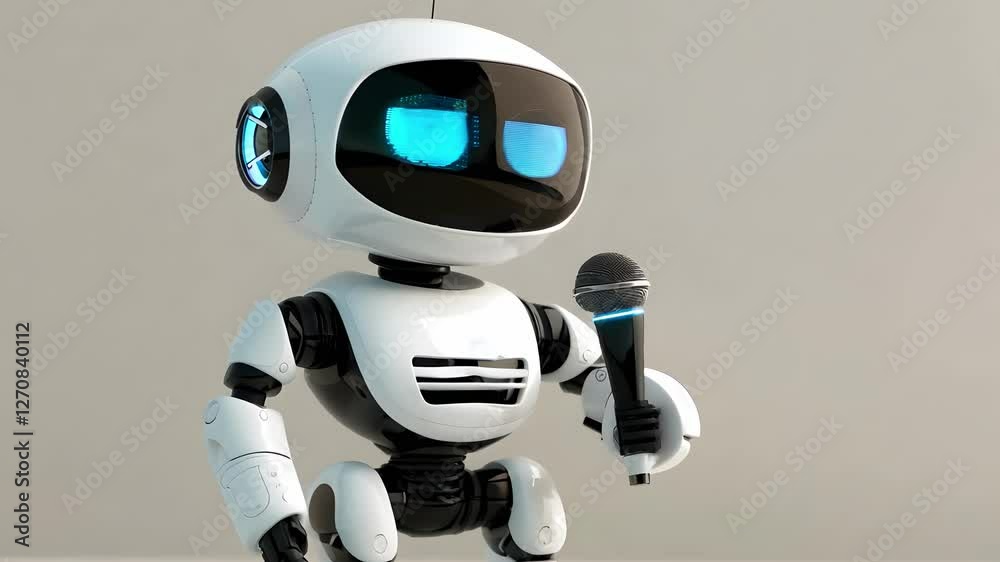 A robot is holding a microphone and standing on a white background. The robot is wearing a white and black outfit A robot is holding a microphone and standing on a white background. The robot is wearing a white and black outfit